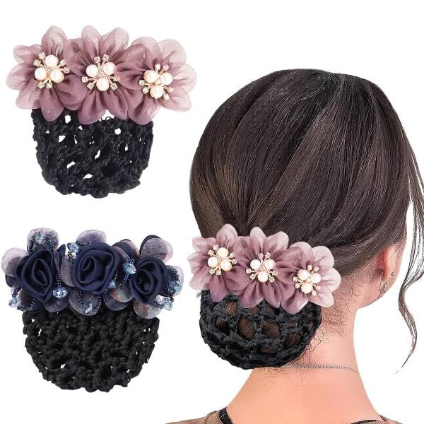 MAYCREATE® 2pcs Hair Bun Accessories for Women, Flower Hair Snood Net, Stylish Pearl Mesh Bun Maker for Hair, Hair Bun Cover Hairnet for Daily, Work, Dancer MAYCREATE® 2pcs Hair Bun Accessories for Women, Flower Hair Snood Net, Stylish Pearl Mesh Bun Maker for Hair, Hair Bun Cover Hairnet for Daily, Work, Dancer